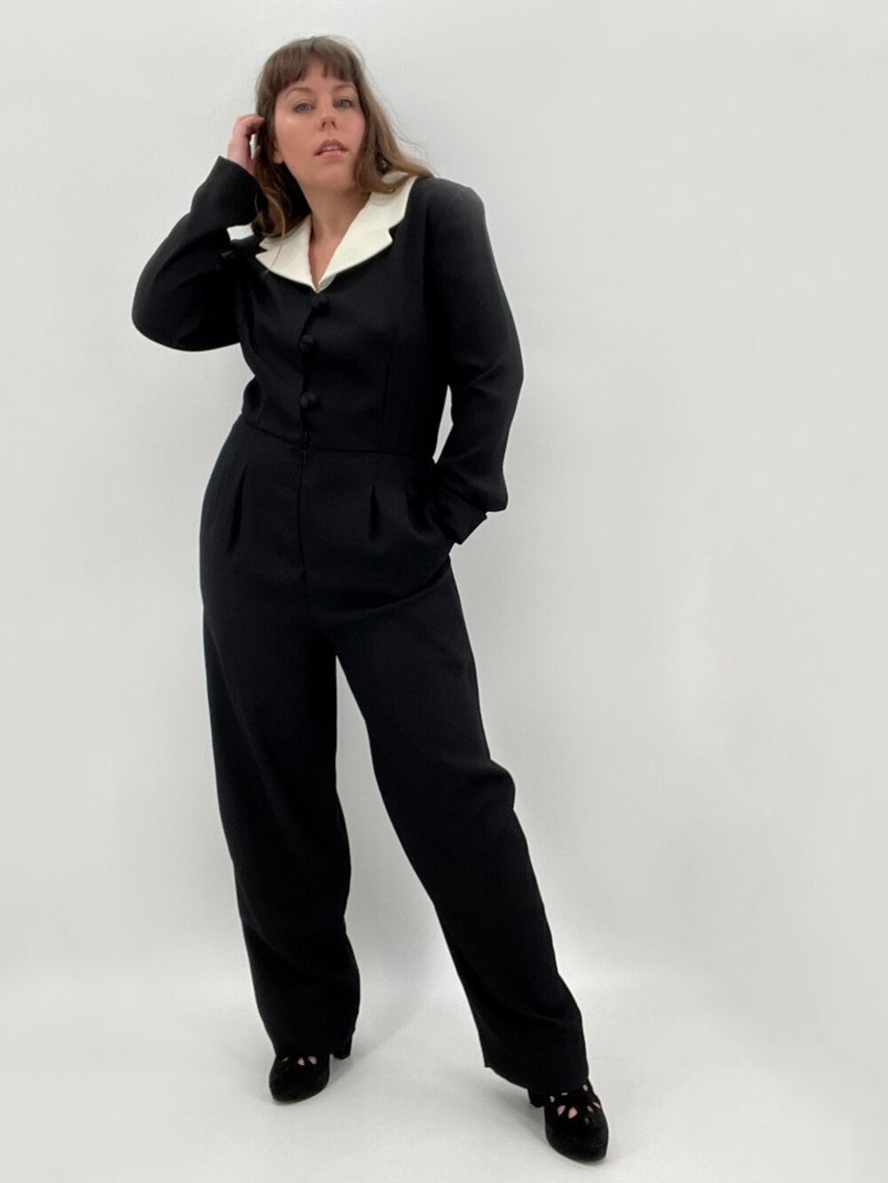 Vintage 90s Liz Claiborne Black Dressy Tuxedo Formal Jumpsuit | Size M/L